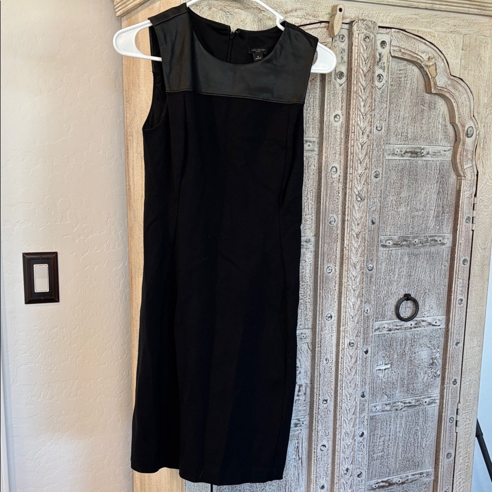 Ann Taylor Black Sleeveless Midi Sheath Dress with Faux-Leather Yoke
